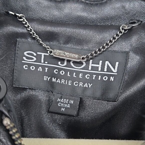 Vintage St. John Black Textured Women's Jacket With Rabbit Fur Collar Zipper M - Picture 6 of 16